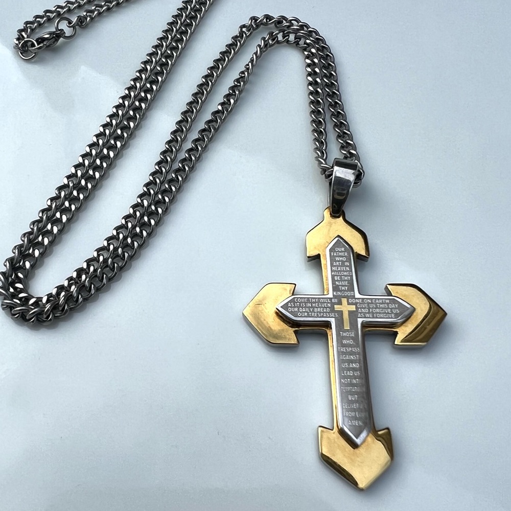 Stainless Steel Lords Prayer Engraved Cross Rosary Catholic